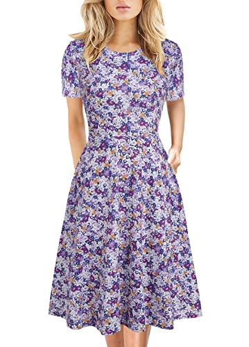 HELYO Women's Elegant Vintage 50s Office Casual Floral Print Work Party A-Line Swing Dress with Pockets 162 (XXL, Purple Floral) - Image 1