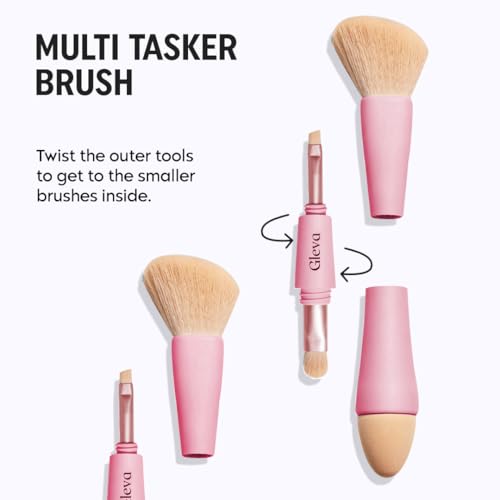 Gleva Multi Tasker 4-in-1 Travel Makeup Brush, Detachable Makeup Brush Set All-in-One Makeup Sponge, Eyeshadow, Eyebrow, Liner, Blush Blending Brush for Foundation, Concealer, & Powder (Pink) - Image 4