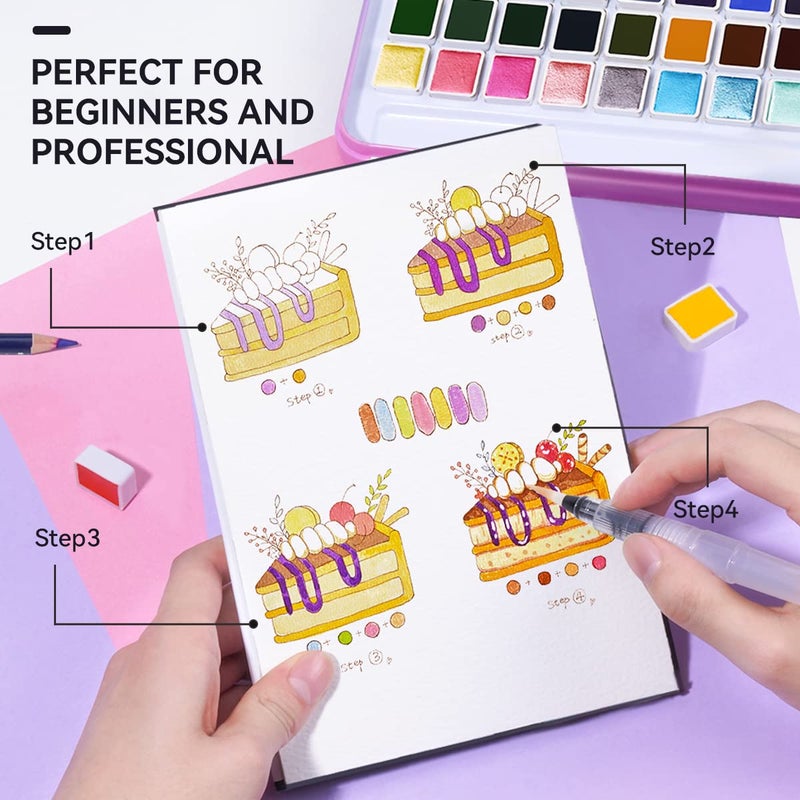 Lightwish MeiLiang Watercolor Paint Set, 36 Standard Colors and 12 Glittery Colors in Exquisite Carrying Box with Metal Ring and Watercolor Brush, Perfect as Art Gift, Suitable for Beginners, Professionals - Image 4