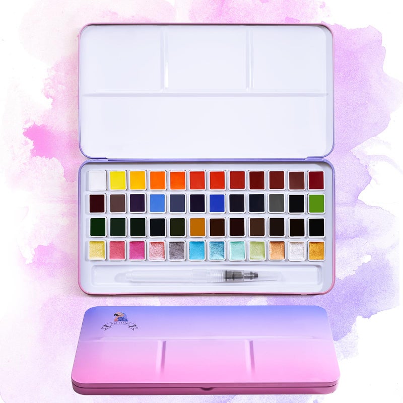 Lightwish MeiLiang Watercolor Paint Set, 36 Standard Colors and 12 Glittery Colors in Exquisite Carrying Box with Metal Ring and Watercolor Brush, Perfect as Art Gift, Suitable for Beginners, Professionals - Image 1