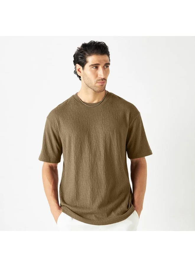 Iconic Iconic Textured Crew Neck T-shirt with Short Sleeves