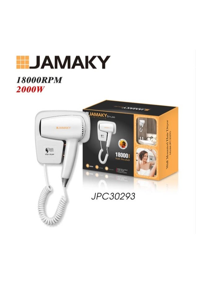 JAMAKY Jamaki 2000W Non-Perforated Wall Mounted High Power Fast Drying Negative Ions Hair Dryer for Hotels, Guest Houses, Home Bathrooms - JPC30293  - Image 1
