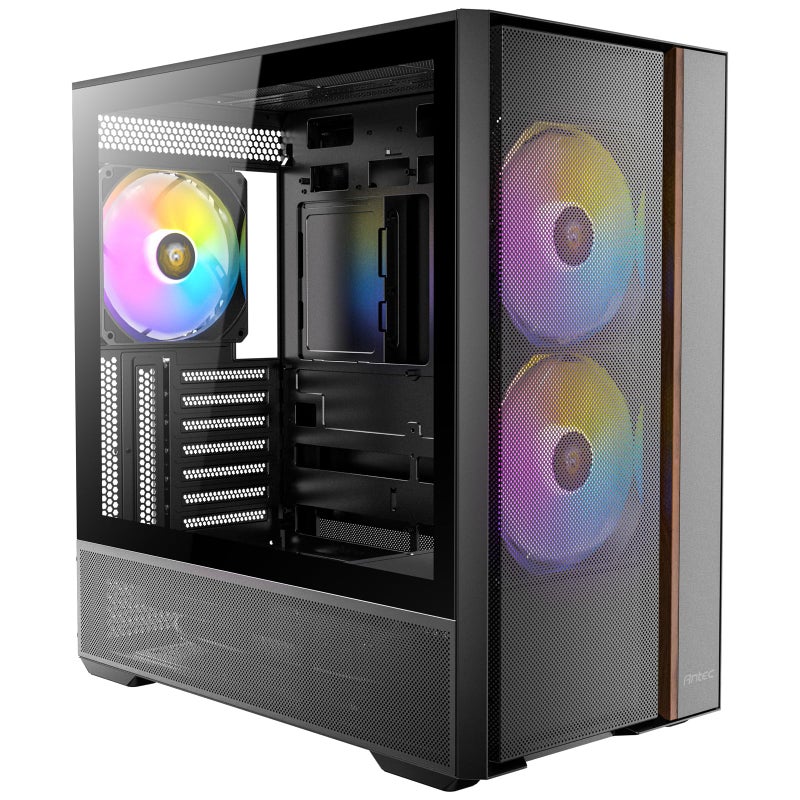 Antec Flux Rear, 5 PWM Fans Included, F-LUX Platform, Front PSU Chamber, Back Connect Motherboard Support, Premium Wood Accents, Tempered Glass, 360mm Top Radiator Support, Mid-Tower ATX PC Case - Image 1