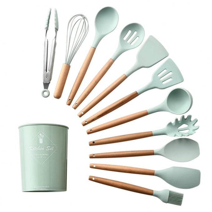 SET OF 12 PCS SILICONE SPATULA WITH WOODEN HANDLEKITCHEN UTENSIL FOR COOKING BAKING MIXINGNONSTICK BPA FREEHEAT RESISTANT ITEM NON TOXIC SILICON COOKWARE TOOLS GREEN