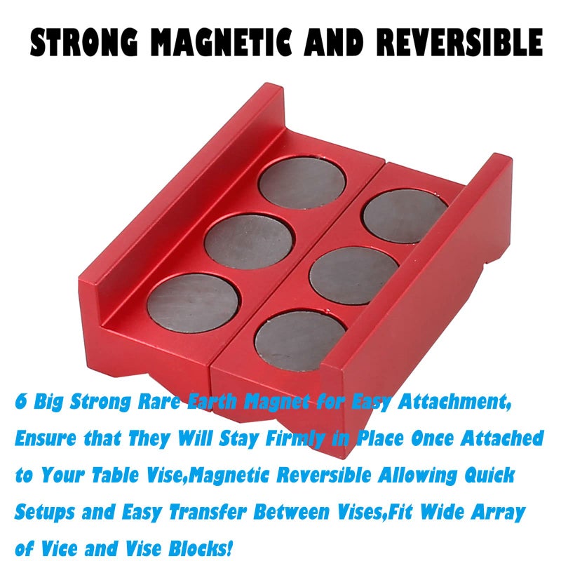 BARTOO Aluminum 4" Vise Jaws Pads, Magnetic Reversible Pipe Vise, AN Fitting Vice Jaw Covers, Professional Grade Multi-Purpose Vise Jaw Protective Inserts for Any Metal Bench vice (4", Red) - Image 3