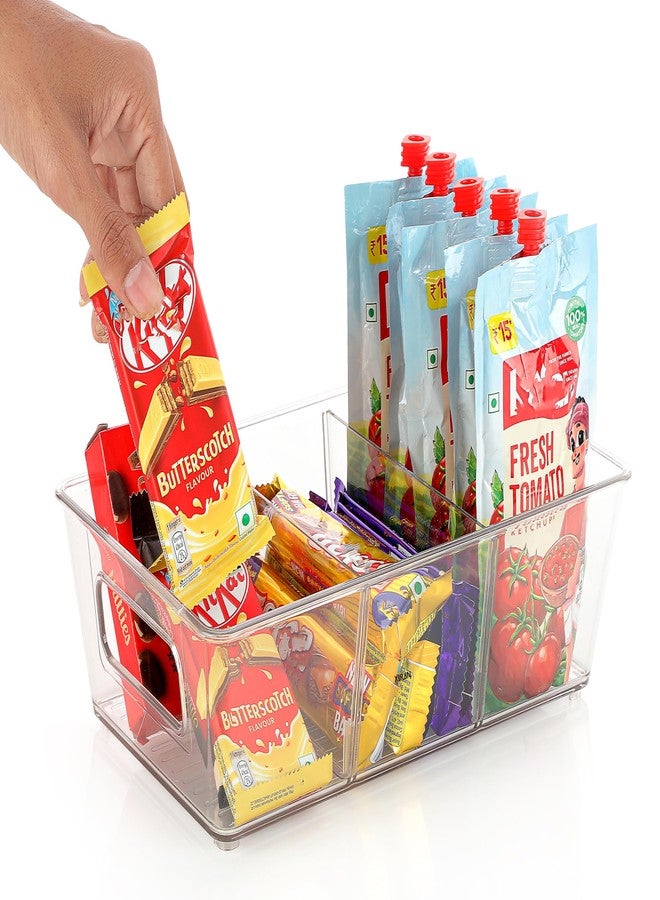 Xiran Fridge Storage Boxes Organizer Bins, 3 Partition Stackable Fridge Storage Basket, Plastic Freezer Storage Containers for Fish, Meat, Vegetables, Fruits (Pack of 2, Transparent) - Image 1