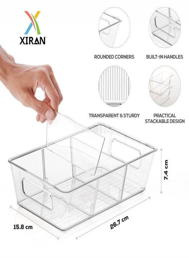 Xiran Fridge Storage Boxes Organizer Bins, 3 Partition Stackable Fridge Storage Basket, Plastic Freezer Storage Containers for Fish, Meat, Vegetables, Fruits (Pack of 2, Transparent) - Image 3