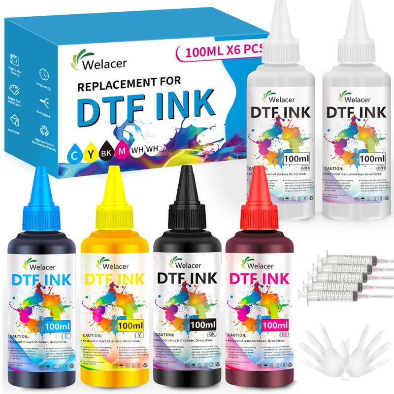 Welacer DTF Ink for ET-8550, ET-2850 L1800, R1390, I3200, XP600, XP-15000, DX5 DX7, TX800, L800, 1430, P400, 6x100ml Heat Transfer Ink Conversion Kit Refill for All DTF Printers,for DTF Film - Image 1