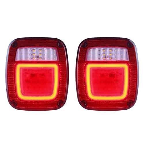 XtraGlow Halo Tail Lights Assembly Square Rear Combination Tail Lamps with Passenger and Driver Side Marker Stop Turn Signal Brake Lights Replacement for 1979-2006 Wrangler TJ YJ CJ5 CJ7 Red, 2Pcs - Image 1