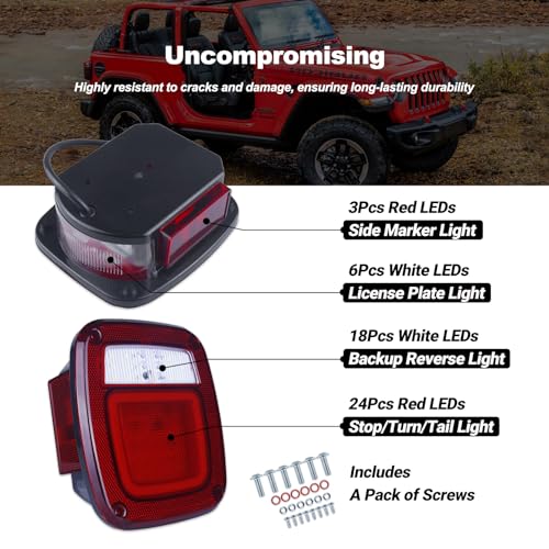 XtraGlow Halo Tail Lights Assembly Square Rear Combination Tail Lamps with Passenger and Driver Side Marker Stop Turn Signal Brake Lights Replacement for 1979-2006 Wrangler TJ YJ CJ5 CJ7 Red, 2Pcs - Image 3
