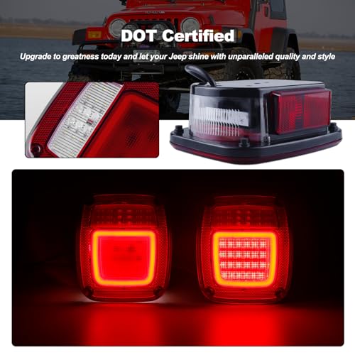 XtraGlow Halo Tail Lights Assembly Square Rear Combination Tail Lamps with Passenger and Driver Side Marker Stop Turn Signal Brake Lights Replacement for 1979-2006 Wrangler TJ YJ CJ5 CJ7 Red, 2Pcs - Image 2
