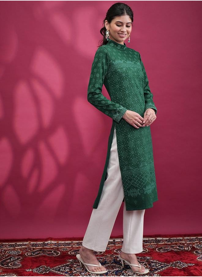 Vishudh High Neck Ethnic Motifs Thread Work Kurta by Styli  - Image 4