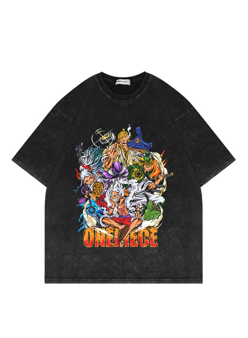 Washed distressed short-sleeved T-shirt retro anime One Piece short-sleeved fashion T-shirt - Image 1