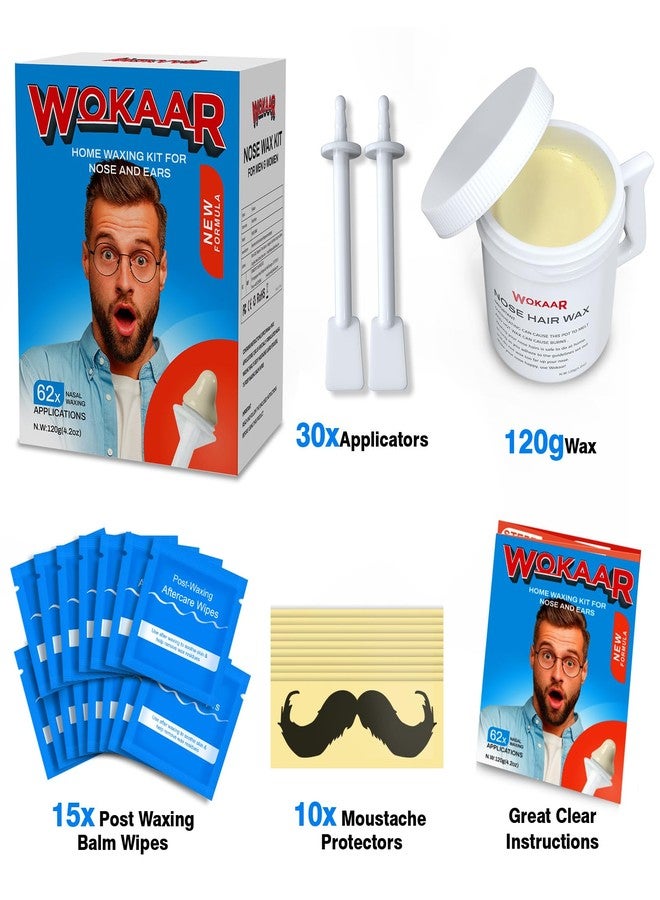 Wokaar Nose Wax Kit for Men & Women,120g Wax, 30 Applicators | Ear & Nose Hair Removal Waxing Kit | Includes 15 Balm Wipes & 10 Mustache Guards | Lasts 6 Weeks | Nose Hair Wax Kit, Ear Hair Removal - Image 5