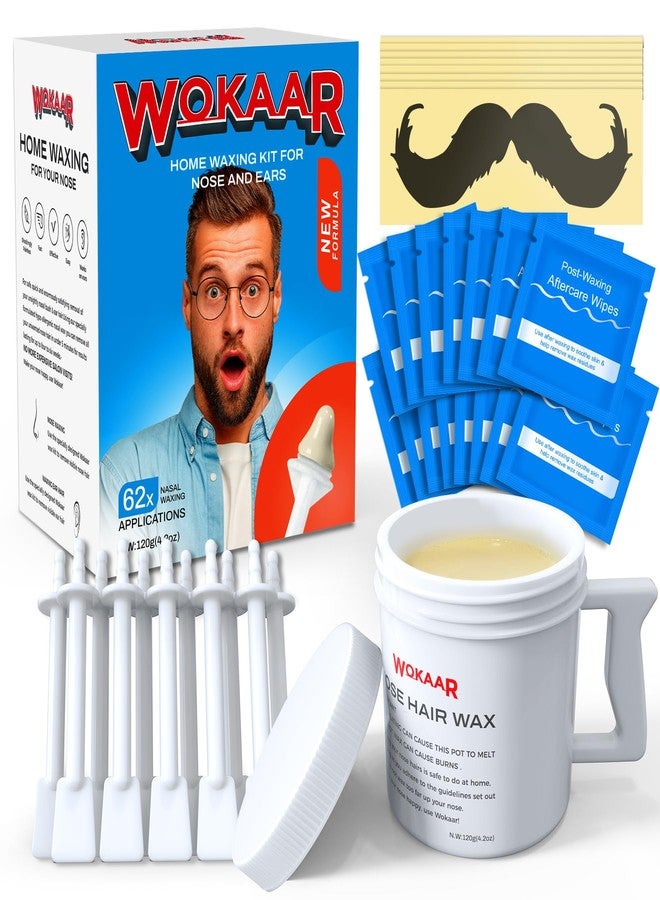 Wokaar Nose Wax Kit for Men & Women,120g Wax, 30 Applicators | Ear & Nose Hair Removal Waxing Kit | Includes 15 Balm Wipes & 10 Mustache Guards | Lasts 6 Weeks | Nose Hair Wax Kit, Ear Hair Removal - Image 1