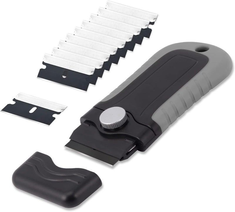 Gomake Locking Razor Blade Scraper with Safety Cap, Glass Cooktop Scraper with 10PCS Black Carbon Steel Blades for Glass Clean, Paint and Old Label,Decal Sticker Remover, Stove Top Scraper Tool - Image 1