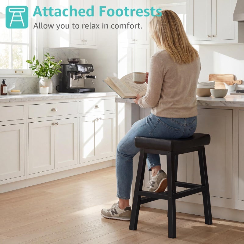 WINAZ Modern Backless Bar Stools Set of 2, 24 Inch Counter Height Stools with Footrest, Matte Finish Metal Legs, Padded Faux Leather Kitchen Island Chairs, Space Saving Stationary Design, Black - Image 4