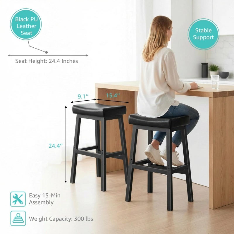 WINAZ Modern Backless Bar Stools Set of 2, 24 Inch Counter Height Stools with Footrest, Matte Finish Metal Legs, Padded Faux Leather Kitchen Island Chairs, Space Saving Stationary Design, Black - Image 2