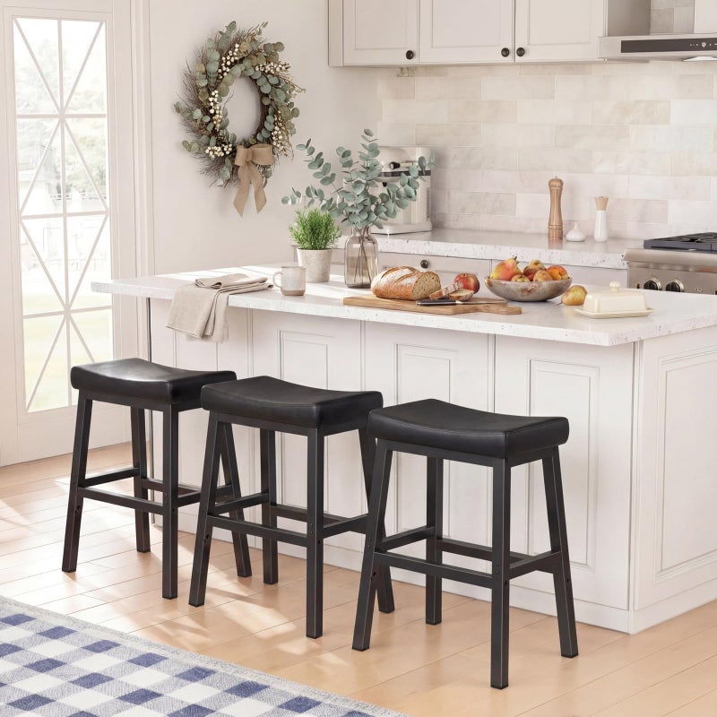 WINAZ Modern Backless Bar Stools Set of 2, 24 Inch Counter Height Stools with Footrest, Matte Finish Metal Legs, Padded Faux Leather Kitchen Island Chairs, Space Saving Stationary Design, Black - Image 3