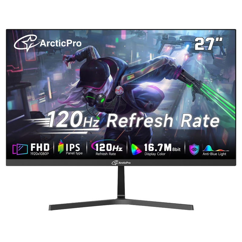 ArcticPro 27 inch Monitor 120Hz, FHD 1080p, Computer Monitor, IPS, 99% sRGB, 1ms Response Time, 3-Sided Frameless, Ultra Slim, VESA Mountable, Anti-Blue Light Design, HDMI & VGA Ports - Image 1