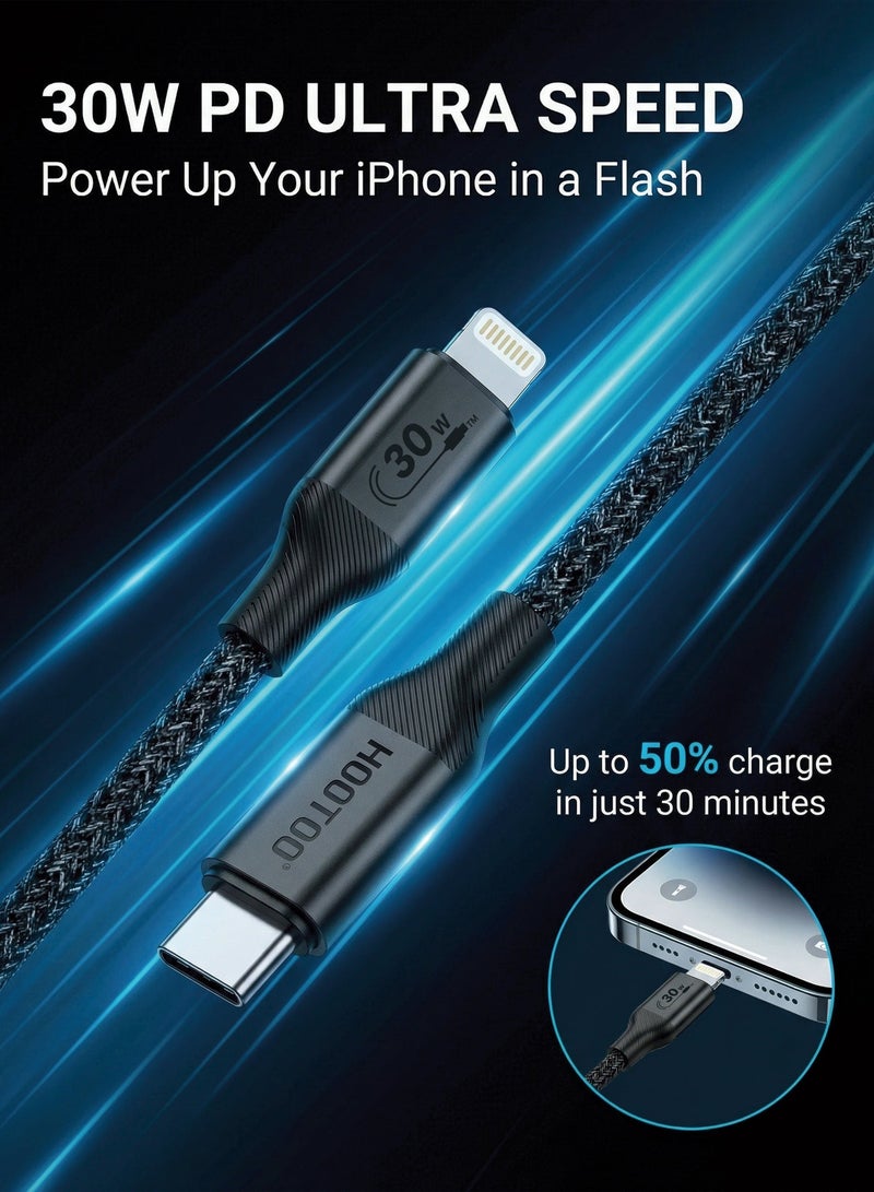 HooToo iphone charger cable Type C charging cable with 30W power. iPhone Lightning connector with fast charging support. Fabric backed, tear resistant iphone cable. 1 meter lightning cable charging cable. type c to lightning compatible with iPhone 14, 13, 12, 11, X, XR, 8, and 7. - Image 2