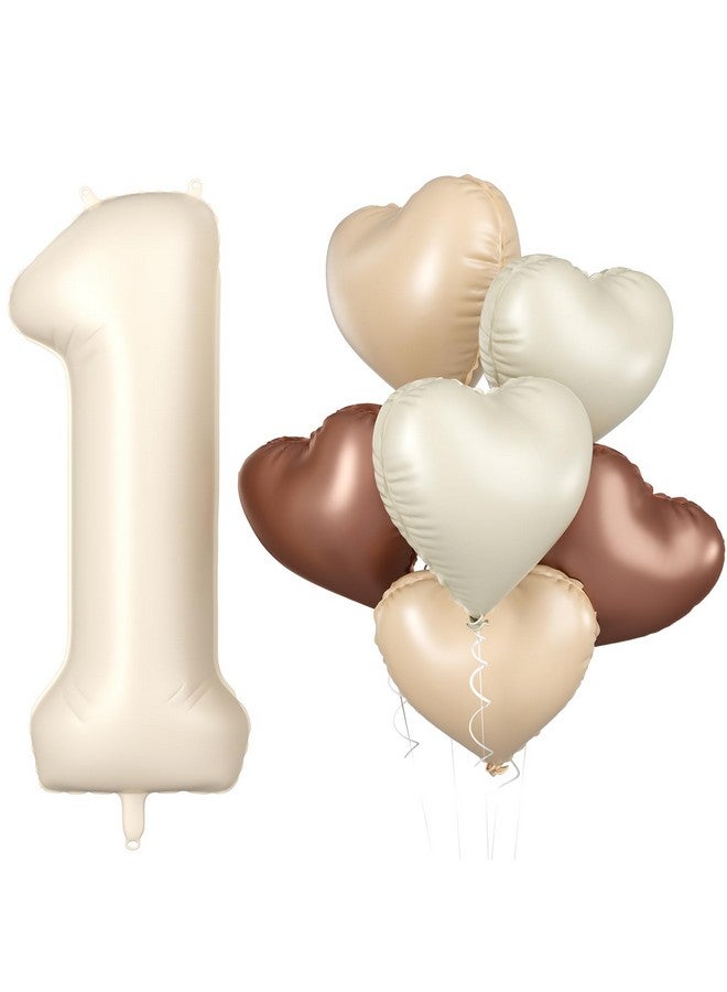 Biapian 40 Inch Cream White Number 1 Balloons, Beige White Large Number One Balloon With Cream Foil Heart Balloons For 1St Birthday Decorations First One Year Boys Girls Baby Shower Party Decor - Image 1
