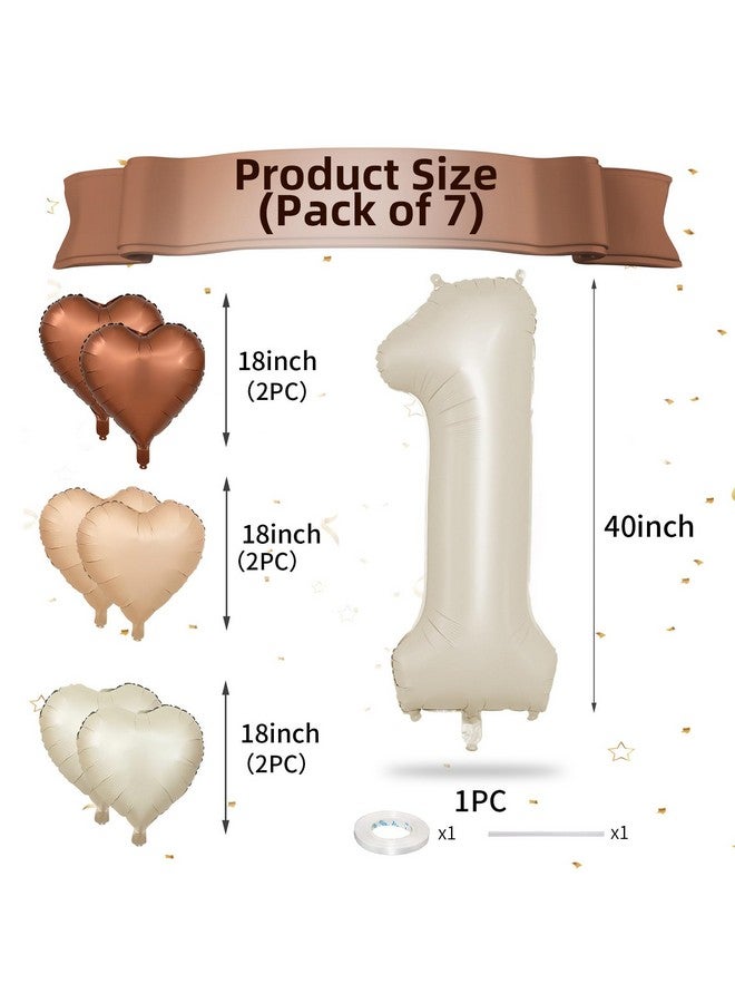 Biapian 40 Inch Cream White Number 1 Balloons, Beige White Large Number One Balloon With Cream Foil Heart Balloons For 1St Birthday Decorations First One Year Boys Girls Baby Shower Party Decor - Image 2