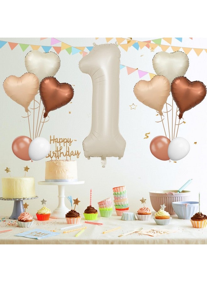 Biapian 40 Inch Cream White Number 1 Balloons, Beige White Large Number One Balloon With Cream Foil Heart Balloons For 1St Birthday Decorations First One Year Boys Girls Baby Shower Party Decor - Image 5