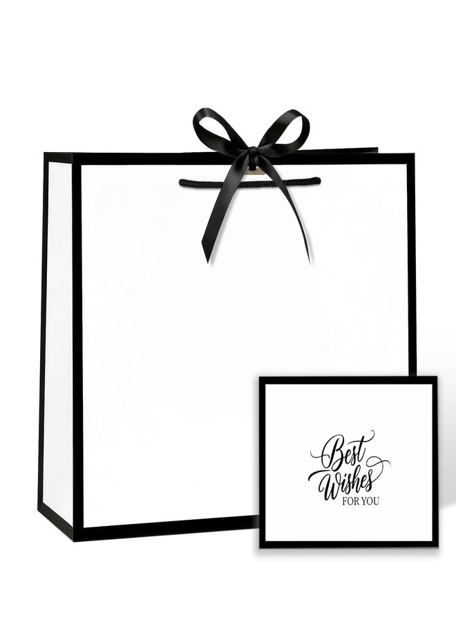LeZakaa 13" Large Gift Bag with Ribbon Bow, Elegant White Gift Bag with Black Trim and Greeting Card Luxury Design for Birthday Wedding Bridal Shower Anniversary, 13" x 10" x 5", 1 Pc - Image 1