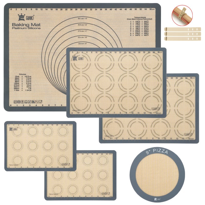 Silicone Baking Mat Set of 6 GUANCI Grade Food Baking mats NonStick Reusable Pizza Bakeware Mat for Making Macaroon Pizza Cookie Pastry Bread BunGrey