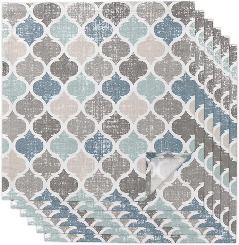 IDOWMAT Moroccan Lattice Texture Cloth Napkins Set of 6 Washable Napkins Cloth Blue Grey Retro Geometric Art Table Dinner Napkins for Kitchen Wedding Parties - Image 1