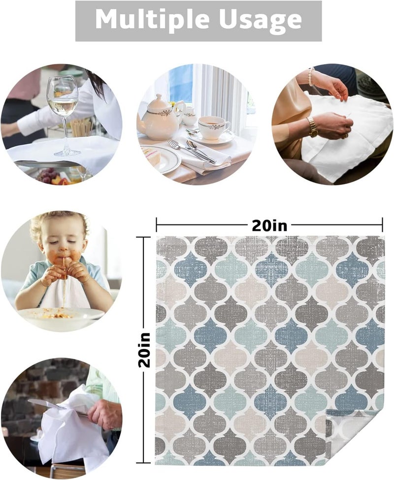 IDOWMAT Moroccan Lattice Texture Cloth Napkins Set of 6 Washable Napkins Cloth Blue Grey Retro Geometric Art Table Dinner Napkins for Kitchen Wedding Parties - Image 5