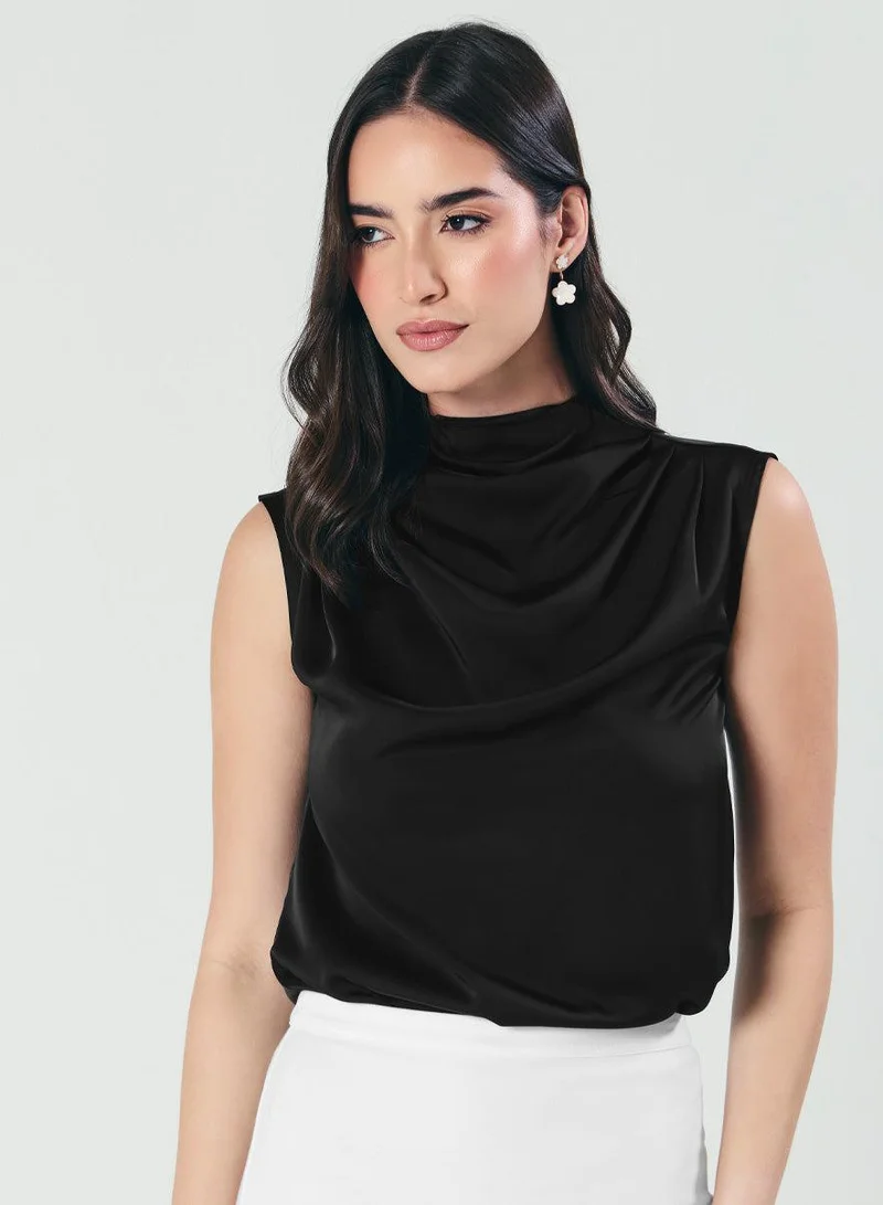 Zigzag Pleated Cowl Satin Sleeveless Black Top