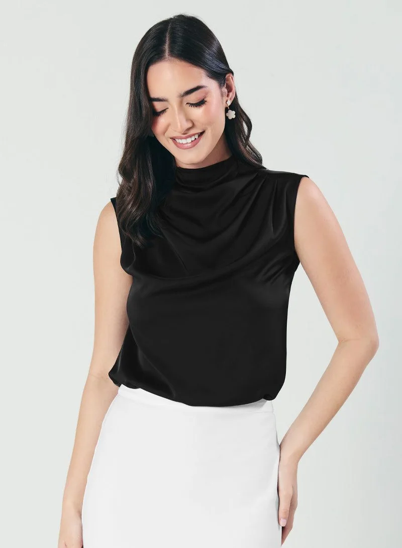 Zigzag Pleated Cowl Satin Sleeveless Black Top