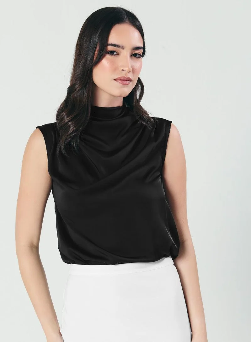 Zigzag Pleated Cowl Satin Sleeveless Black Top