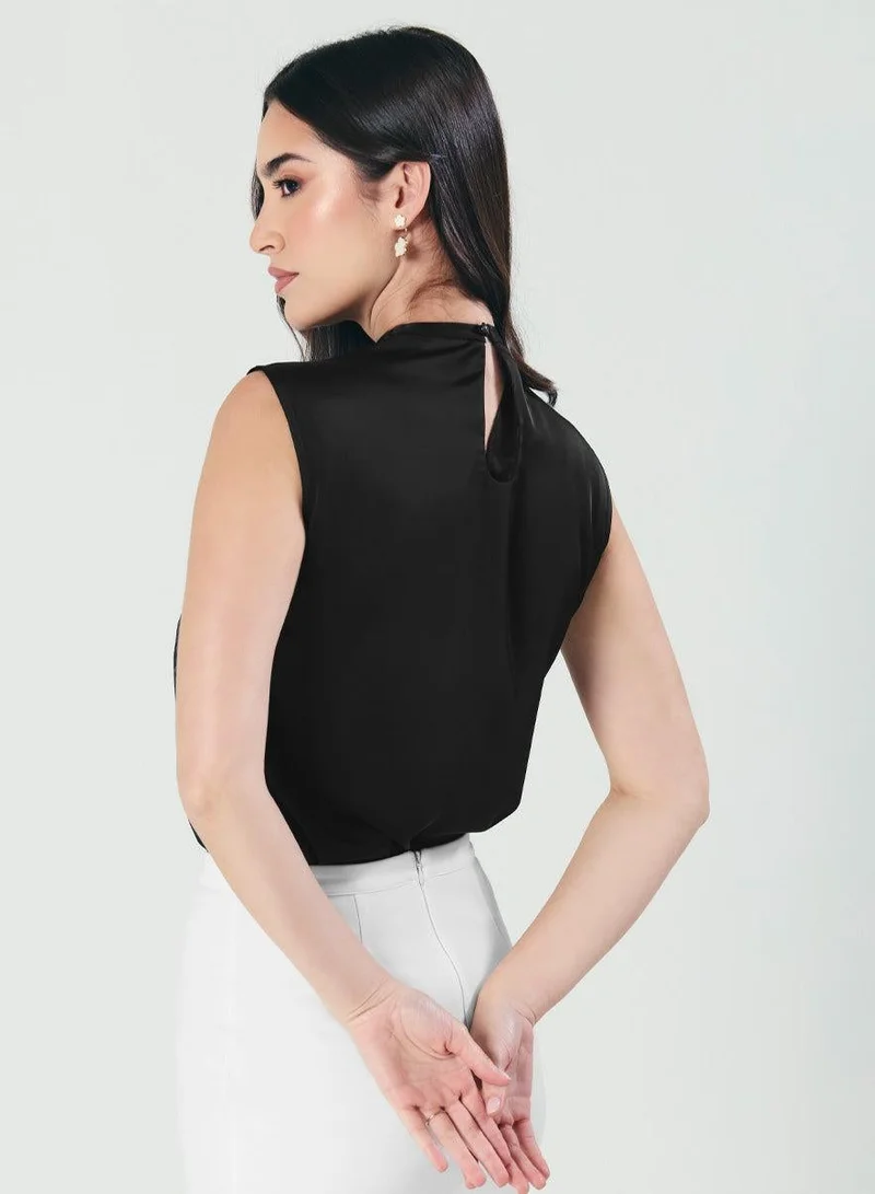Zigzag  Pleated Cowl Satin Sleeveless Black Top for Women | Best Price UAE