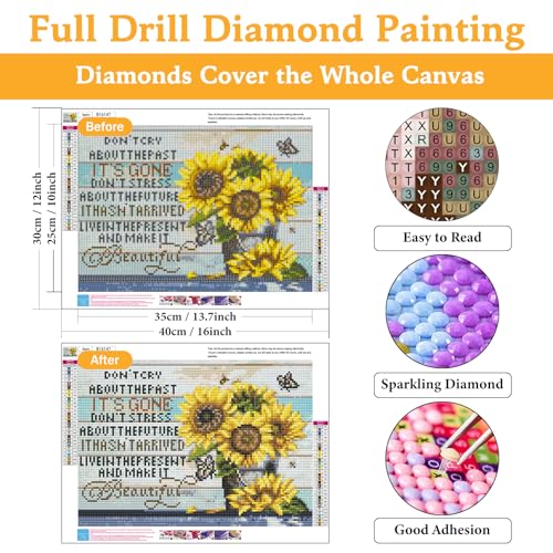 Okarina Diamond Art Kits for Adults Sunflower, DIY 5D Diamond Painting Kit for Beginners Inspirational, Inspiring Quotes Full Round Drill Gem Art Dots for Adults Home Wall Decor 16X12 Inch - Image 2