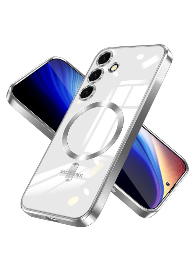 جراب مطلي بالكهرباء لهاتف Samsung Galaxy A25 مع حماية كاملة لعدسة الكاميرا متوافق مع الشحن اللاسلكي MagSafe، غطاء مغناطيسي ناعم مقاوم للصدمات من مادة TPU لهاتف Samsung Galaxy A25 (فضي) - Image 1