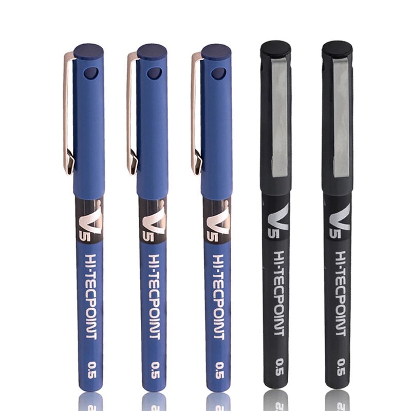 PILOT Hi-Tecpoint V5 0.5mm Extra Fine Point Pure Liquid Ink Roller Ball Pen | Pack Of 5 (3 Blue + 2 Black) - Image 1