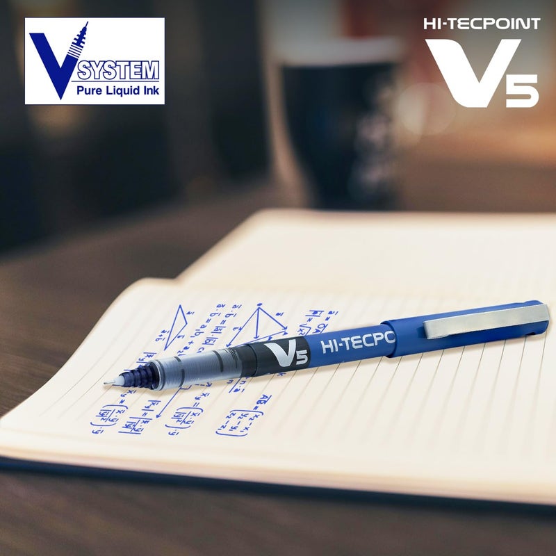 PILOT Hi-Tecpoint V5 0.5mm Extra Fine Point Pure Liquid Ink Roller Ball Pen | Pack Of 5 (3 Blue + 2 Black) - Image 4