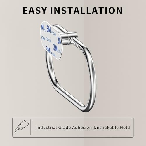 WZRUA Adhesive Towel Holder for Bathroom Polished Chrome No Drill Hand Towel Ring Stainless Steel and Zinc Alloy Self Adhesive Towel Hanger for Bath, Kitchen - Image 3