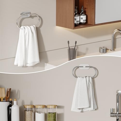 WZRUA Adhesive Towel Holder for Bathroom Polished Chrome No Drill Hand Towel Ring Stainless Steel and Zinc Alloy Self Adhesive Towel Hanger for Bath, Kitchen - Image 2