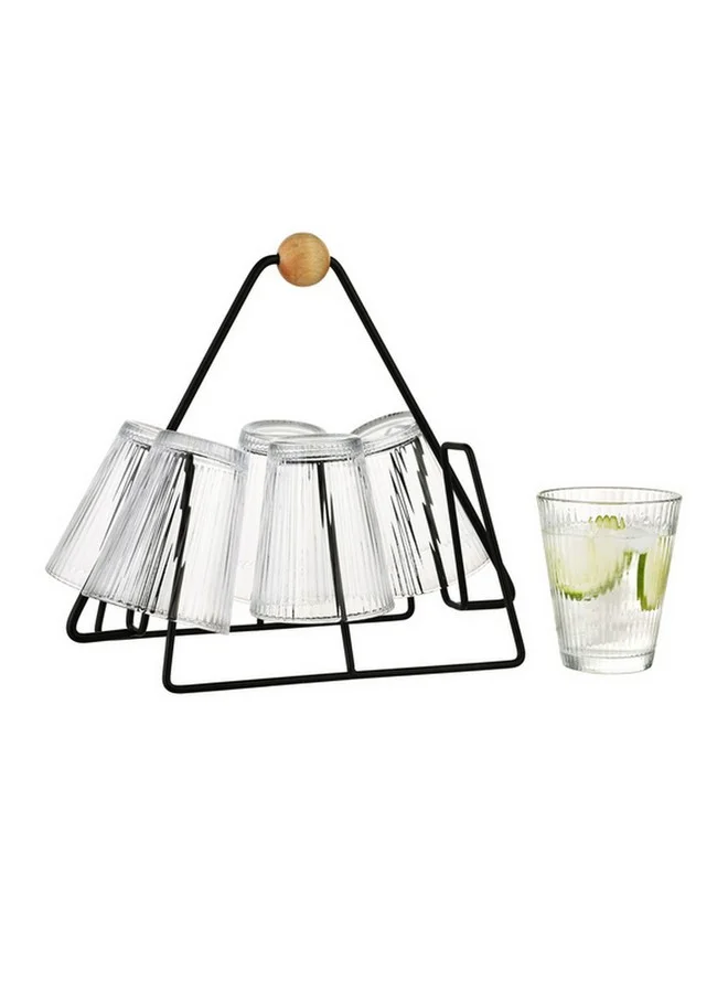 Bien Servi 6-Piece Contemporary Design Glass Drinking Set with Stand Clear and Black 24 x 17 x 27 cm 238125