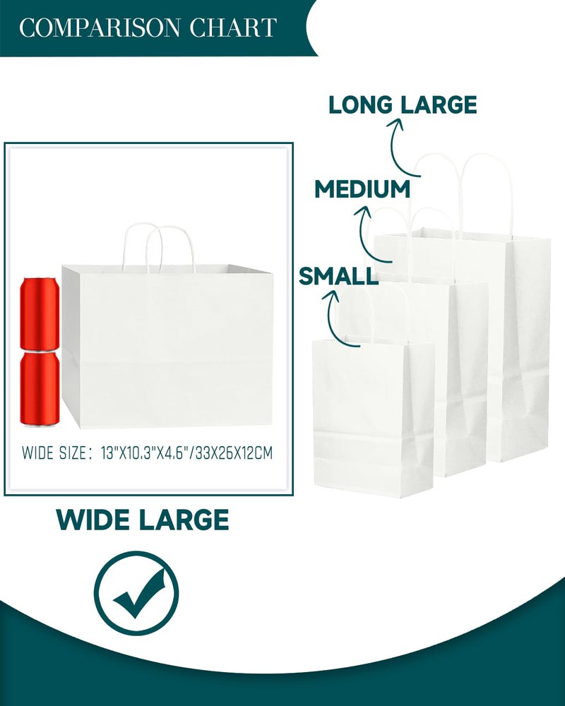 Bakepacker 100-Pack Wide Large Size Paper Bags With Handles Bulk 12.6"x4.3"x10" White Party Shopping Bags - Image 5