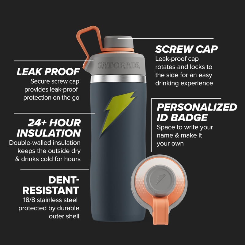 Gatorade  'Overtime ' 22oz Stainless Steel Water Bottle  Twist Cap  Grey/Neon Yellow - Image 2