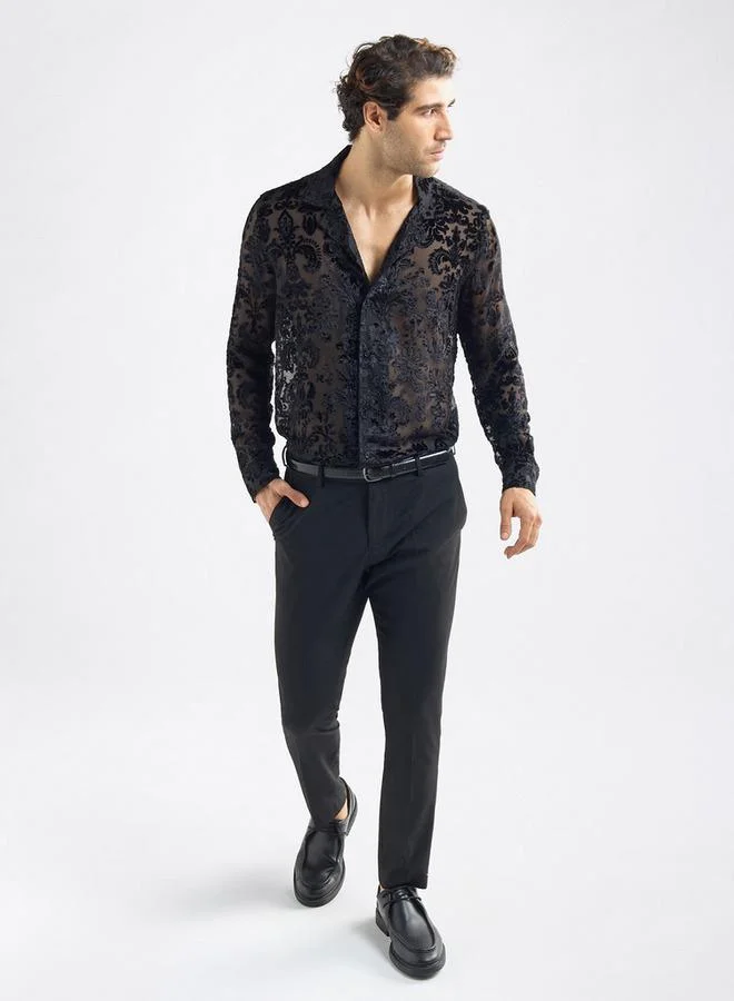 Splash FAV Regular Fit Floral Textured Shirt with Long Sleeves and Camp Collar