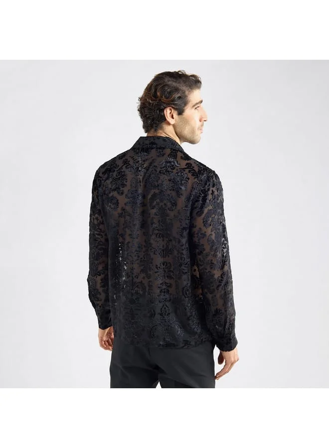 Splash FAV Regular Fit Floral Textured Shirt with Long Sleeves and Camp Collar