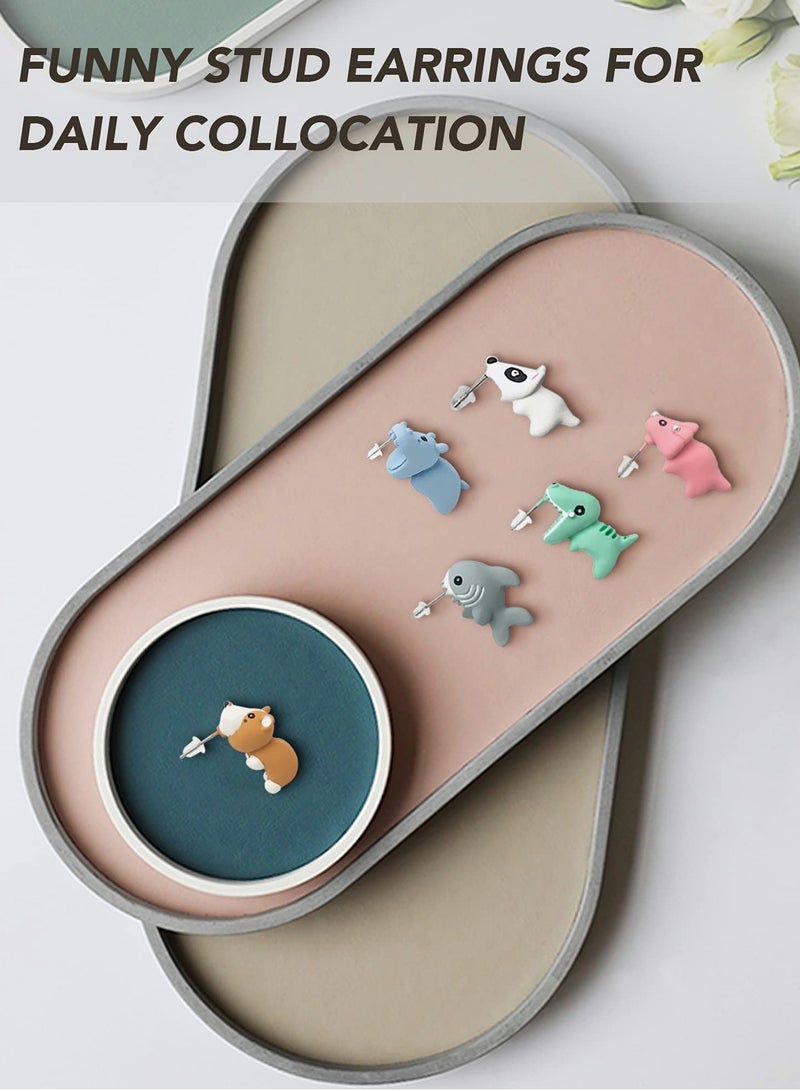 Barakah Cute Animal Bite Earring, 6 Pair Studs Earring, 3D Cartoon Dinosaur Shark Animal Stud Earring - Image 2