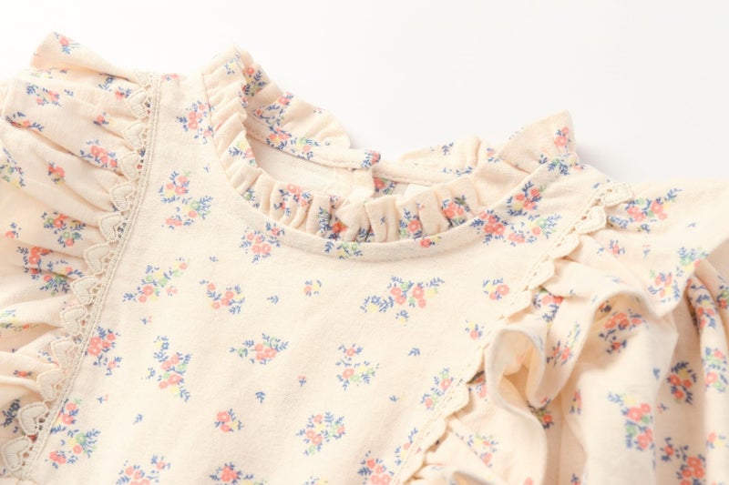 Mud Kingdom Toddler Girls Long Sleeve Floral Print Dress with Lace Trim Brushed Ruffled Details Spring Fall Apricot 2T - Image 4