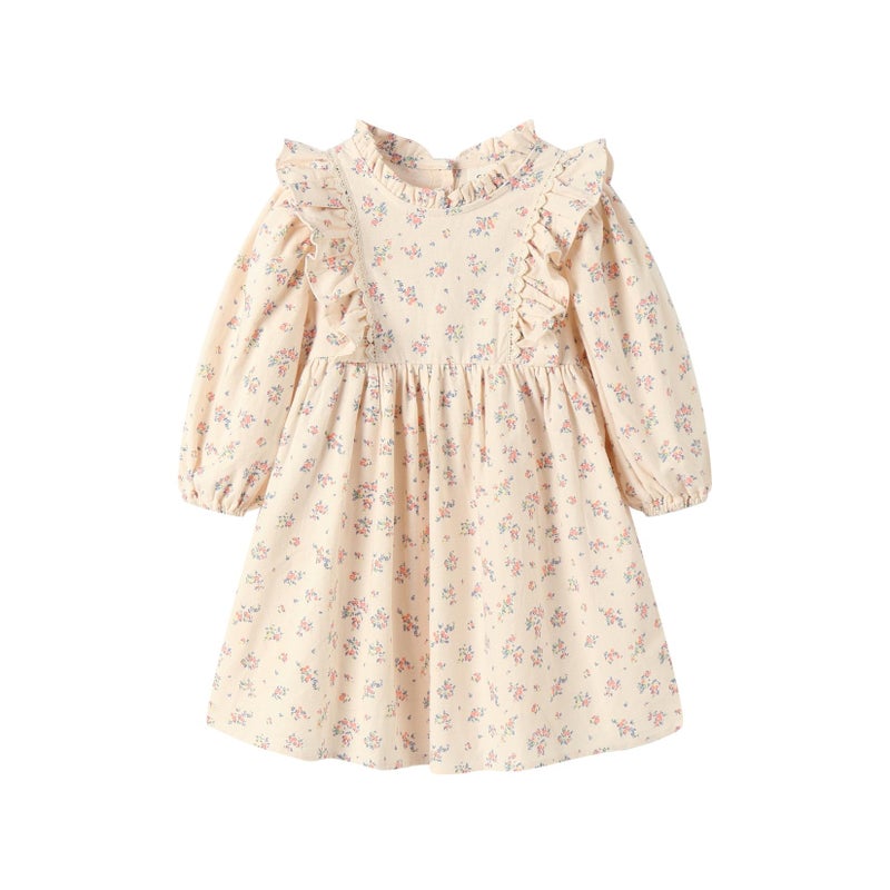 Mud Kingdom Toddler Girls Long Sleeve Floral Print Dress with Lace Trim Brushed Ruffled Details Spring Fall Apricot 2T - Image 1
